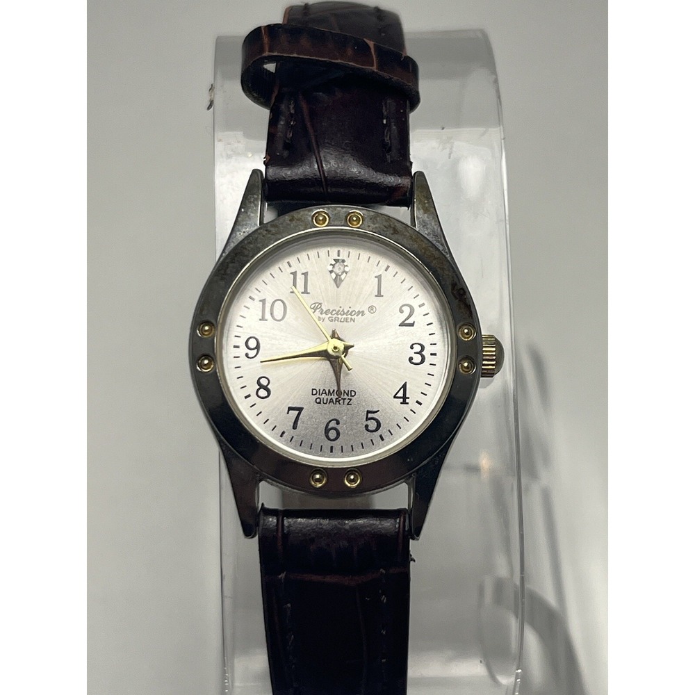 Precision by Gruen Diamond Women's Watch Brown Leather Band- New Battery